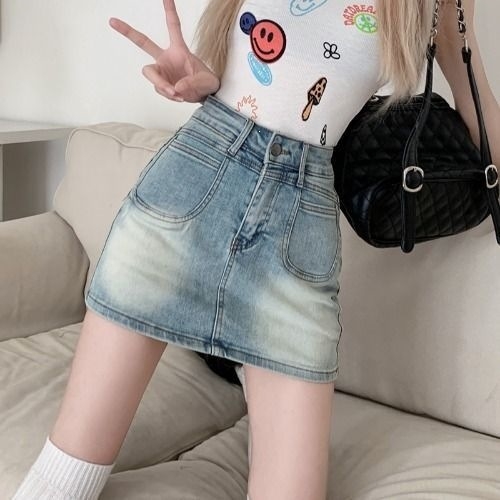Vintage nyújtható denim miniszoknya nőknek, magas derekú karcsúsító fazon, világos lila mosás, rövid szoknya, átlátszatlan