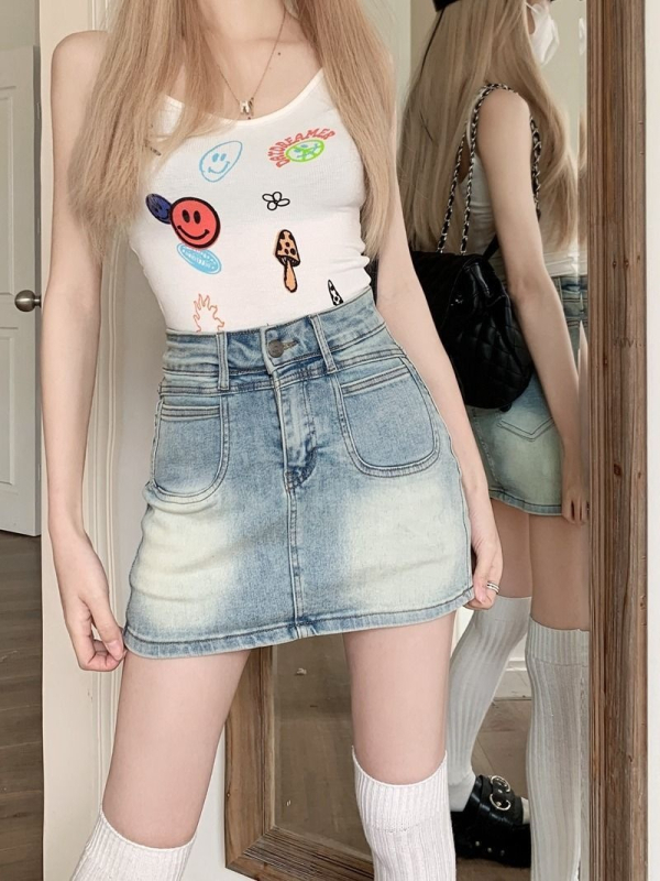 Vintage nyújtható denim miniszoknya nőknek, magas derekú karcsúsító fazon, világos lila mosás, rövid szoknya, átlátszatlan