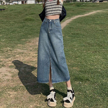 Elöl nyíló denim midi szoknya, A-vonal, magas derekú, retro casual stílus, nőknek