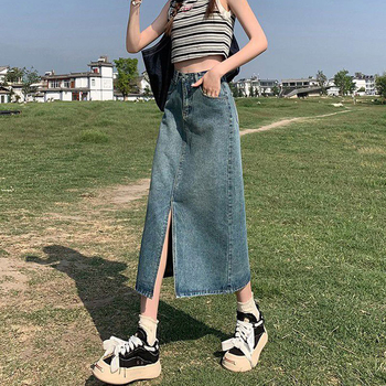 Elöl nyíló denim midi szoknya, A-vonal, magas derekú, retro casual stílus, nőknek