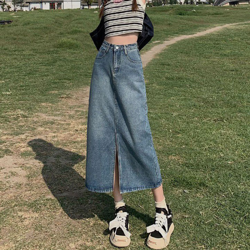 Elöl nyíló denim midi szoknya, A-vonal, magas derekú, retro casual stílus, nőknek