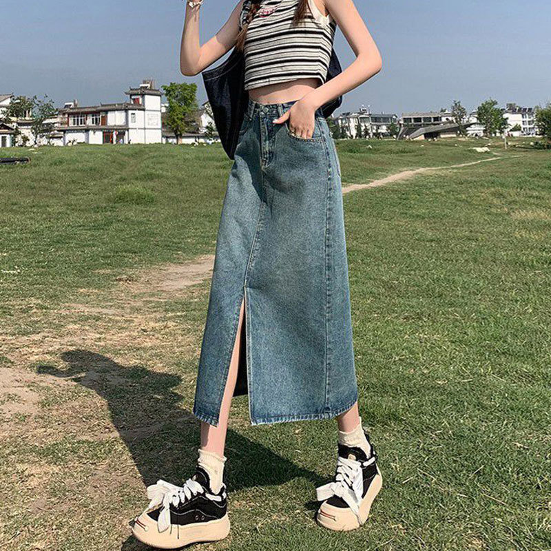 Elöl nyíló denim midi szoknya, A-vonal, magas derekú, retro casual stílus, nőknek