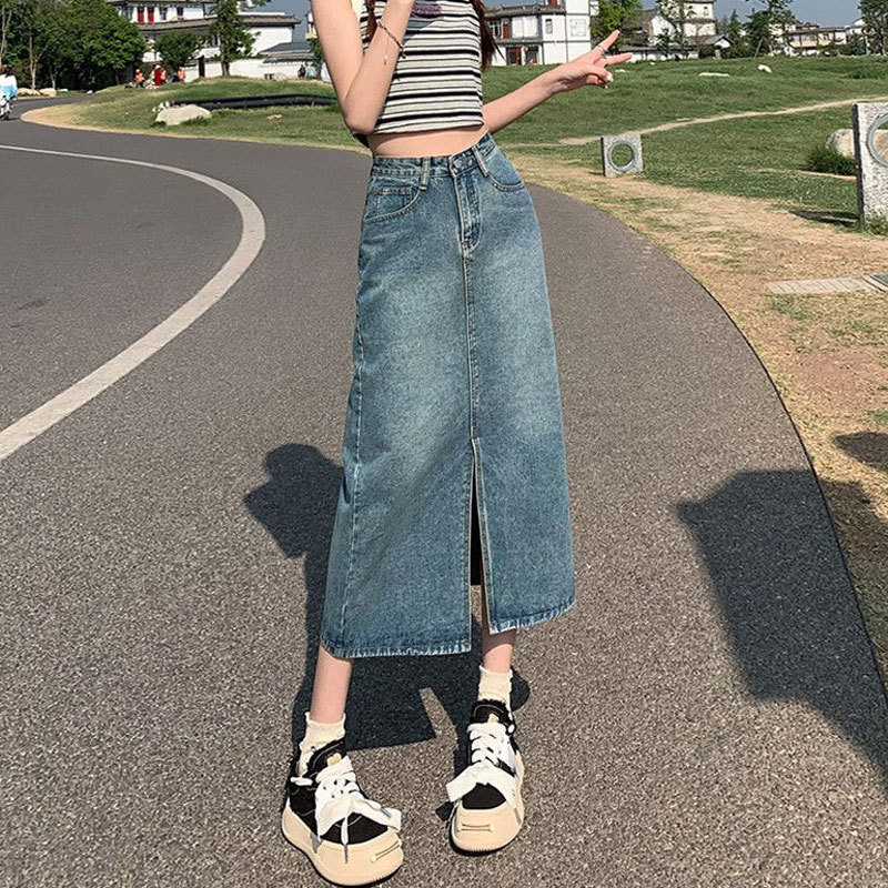 Elöl nyíló denim midi szoknya, A-vonal, magas derekú, retro casual stílus, nőknek