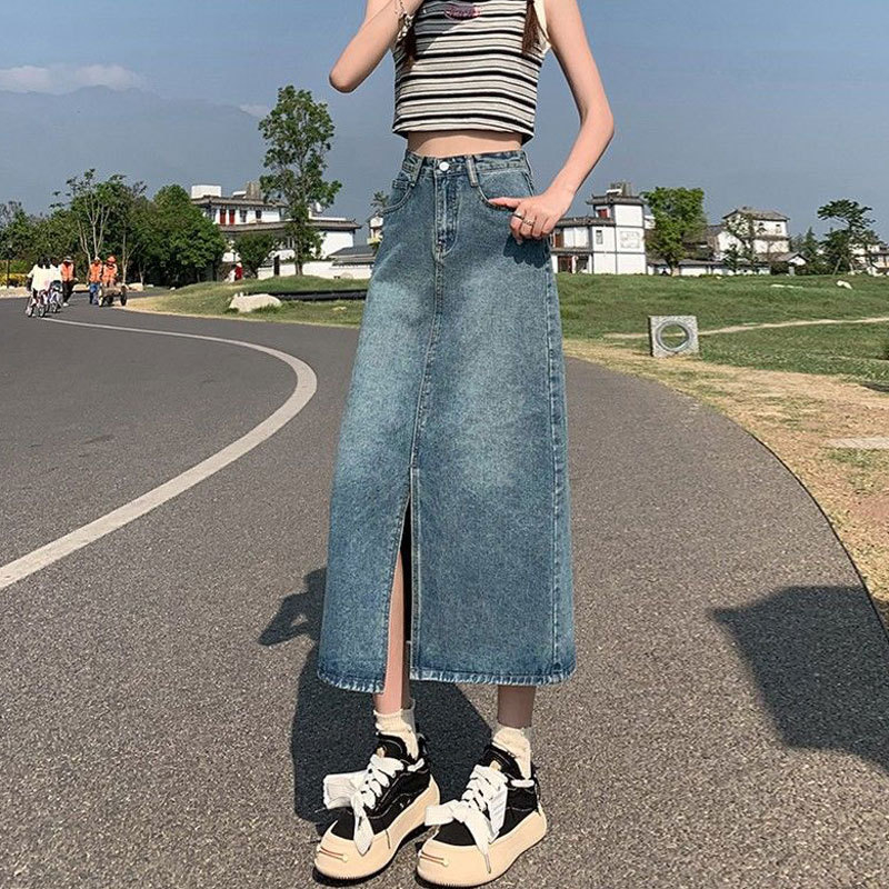 Elöl nyíló denim midi szoknya, A-vonal, magas derekú, retro casual stílus, nőknek