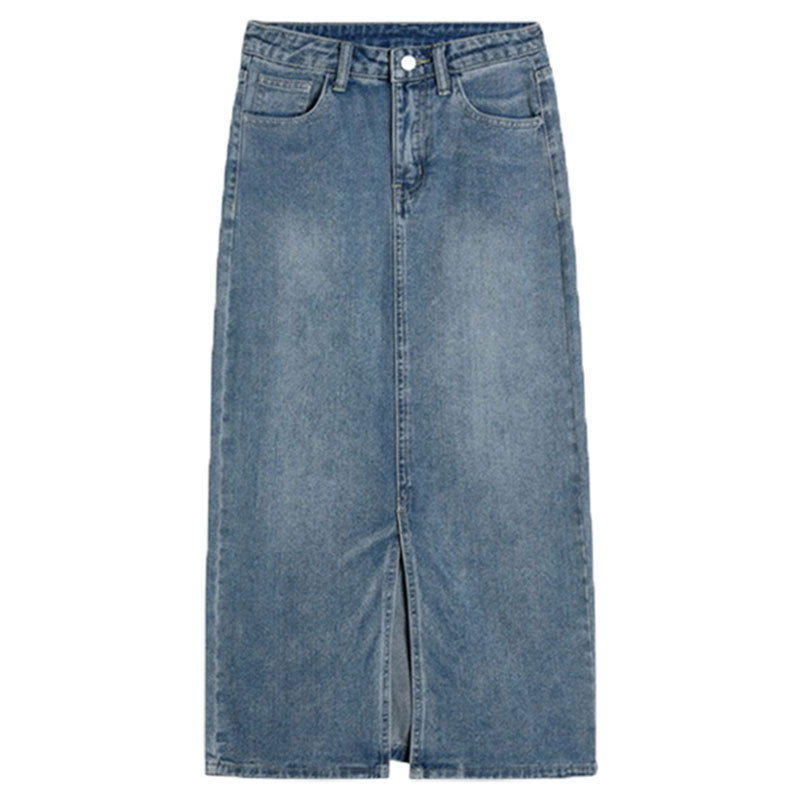 Elöl nyíló denim midi szoknya, A-vonal, magas derekú, retro casual stílus, nőknek