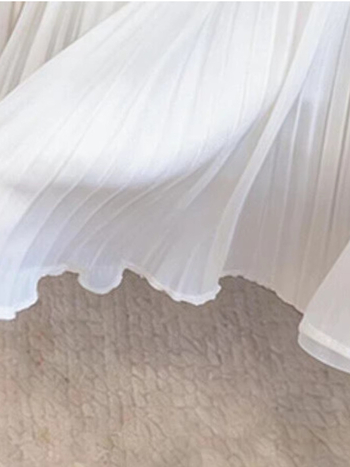 Fehér chiffonból készült pliszírozott patchwork midi szoknya nőknek, magas derék, elegáns és folyó vonalú