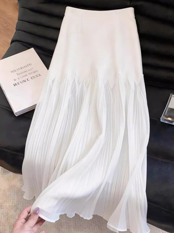 Fehér chiffonból készült pliszírozott patchwork midi szoknya nőknek, magas derék, elegáns és folyó vonalú