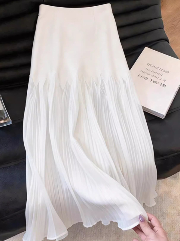 Fehér chiffonból készült pliszírozott patchwork midi szoknya nőknek, magas derék, elegáns és folyó vonalú