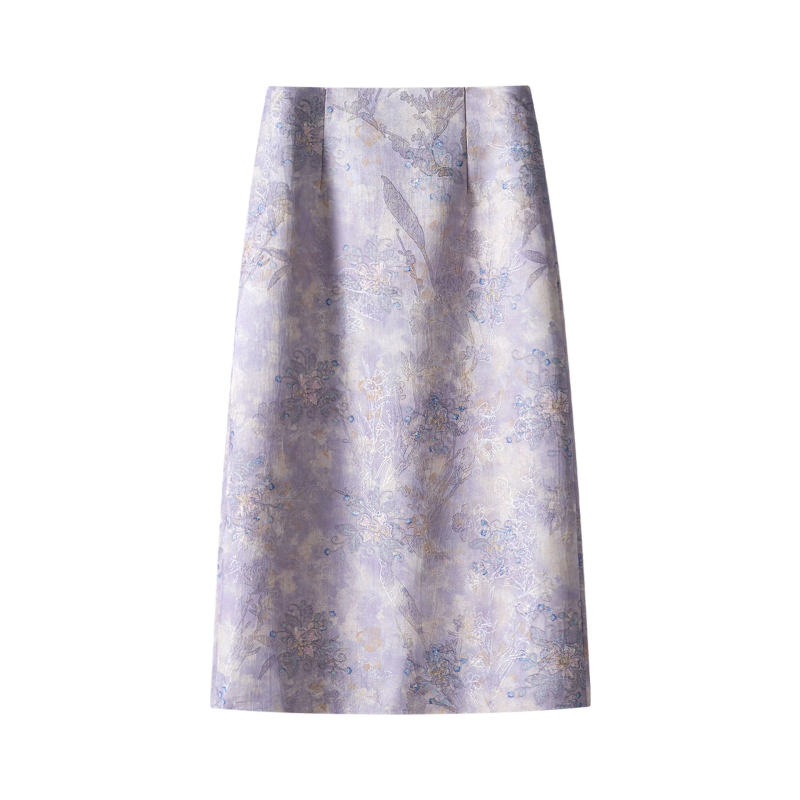 Lila jacquard mintás midi szoknya, magas derekú, elegáns A-vonal, 2026 nyár