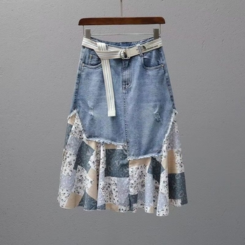 Patchwork denim szoknya nőknek, magas derék, midi hosszúság, 2026 nyár, hímzett részletek, sokoldalú divat, optikai karcsú vonal, trendes európai stílus