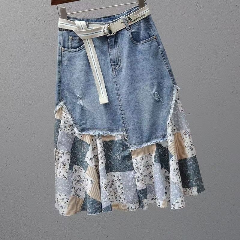 Patchwork denim szoknya nőknek, magas derék, midi hosszúság, 2026 nyár, hímzett részletek, sokoldalú divat, optikai karcsú vonal, trendes európai stílus