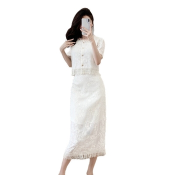 Chanel-stílusú csipkés két részes nyári szett: chiffon blúz és csipkés szoknya