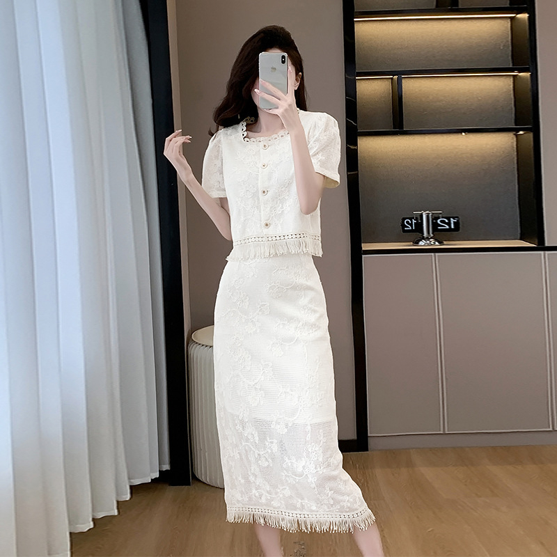 Chanel-stílusú csipkés két részes nyári szett: chiffon blúz és csipkés szoknya