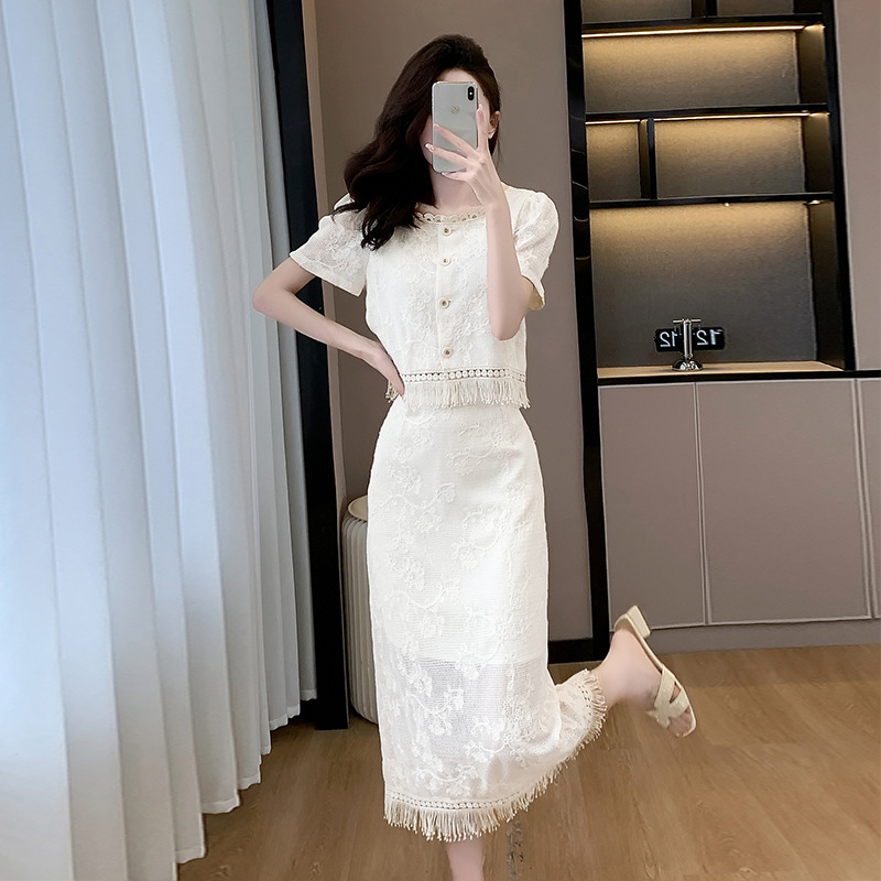Chanel-stílusú csipkés két részes nyári szett: chiffon blúz és csipkés szoknya