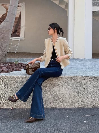 Khaki rövidkabát nőknek Chanel-stílusban, elegáns társasági stílusú irodai felső