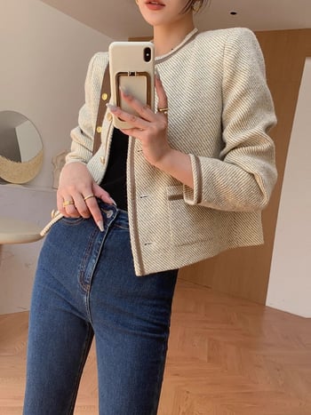 Khaki rövidkabát nőknek Chanel-stílusban, elegáns társasági stílusú irodai felső