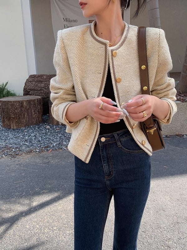 Khaki rövidkabát nőknek Chanel-stílusban, elegáns társasági stílusú irodai felső