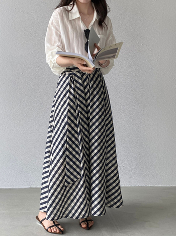 Jiangzuo A-vonalú szoknya pántokkal, kockás mintázat, Tencel 6532