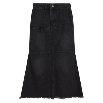 Fishtail denim szoknya, magas derék, A-vonal, midi hosszúságú, fekete