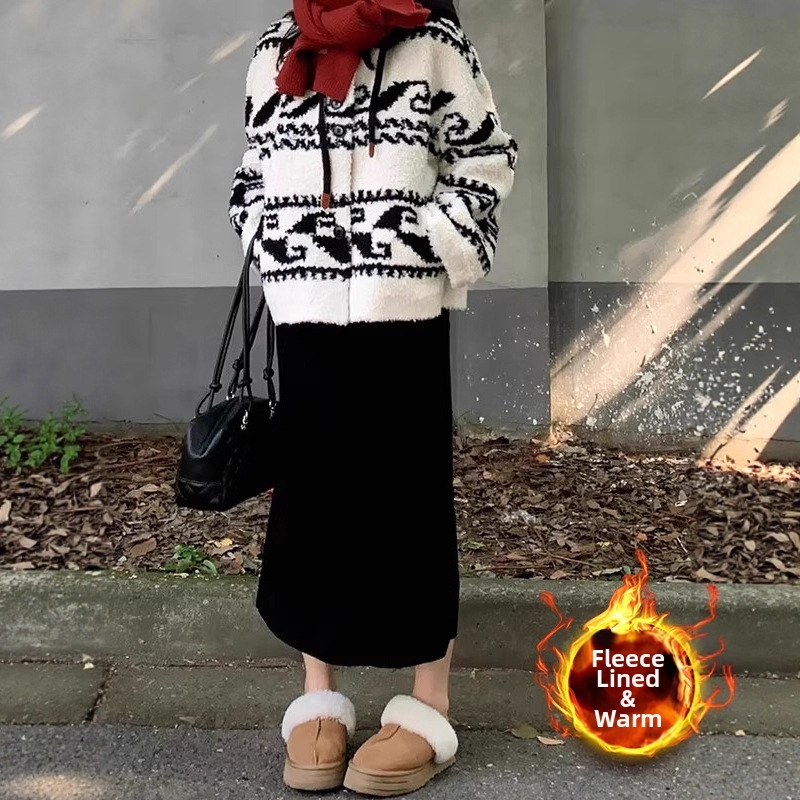 Dlhá manšestrová sukňa áčkového strihu, zimná, plus size, s flísovou podšívkou, zakrývajúca brucho