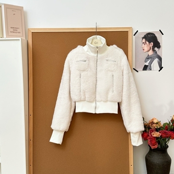 Női 2025-ös új stílusú rövid kabát álló gallérral, vastag meleg műbőr-szőrrel (mesterséges shearling)