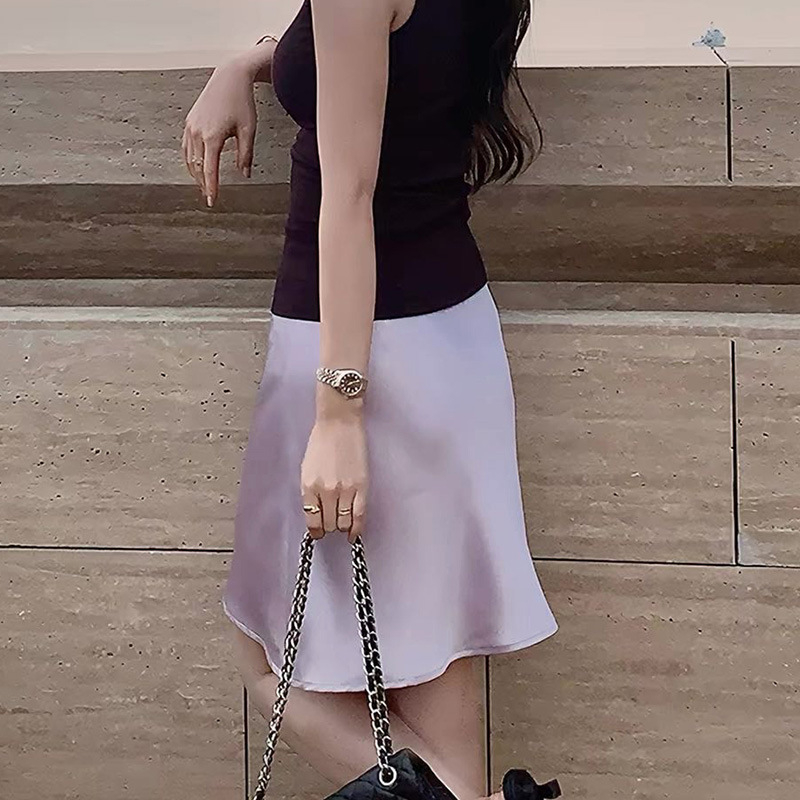 Acetátból készült fishtail szatén bodycon midi szoknya, kis mérethez, nyári 2026 kollekció