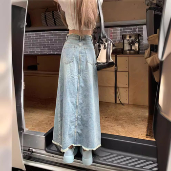 Retro denim szoknya patchwork és foszló szélekkel, A-vonalú, középméretű, nyári viselet