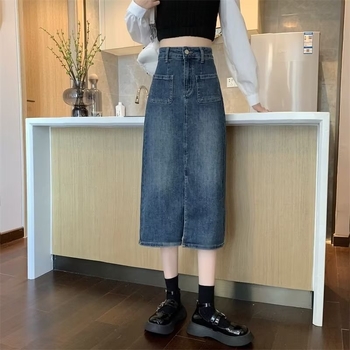 Koreai stílusú A-vonalú denim midi szoknya nőknek, magas derék, plusz méret, elöl hasítás, tavasz-nyár dizájn