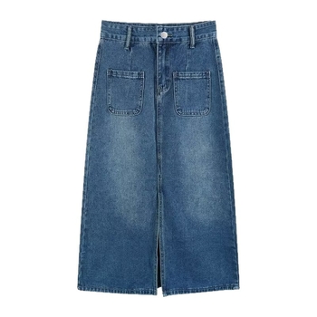 Koreai stílusú A-vonalú denim midi szoknya nőknek, magas derék, plusz méret, elöl hasítás, tavasz-nyár dizájn