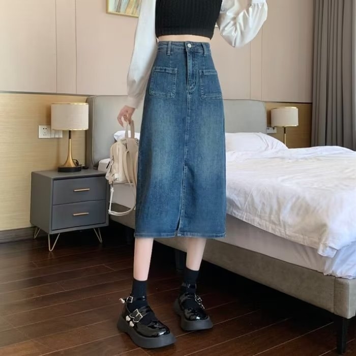 Koreai stílusú A-vonalú denim midi szoknya nőknek, magas derék, plusz méret, elöl hasítás, tavasz-nyár dizájn