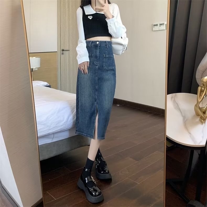 Koreai stílusú A-vonalú denim midi szoknya nőknek, magas derék, plusz méret, elöl hasítás, tavasz-nyár dizájn