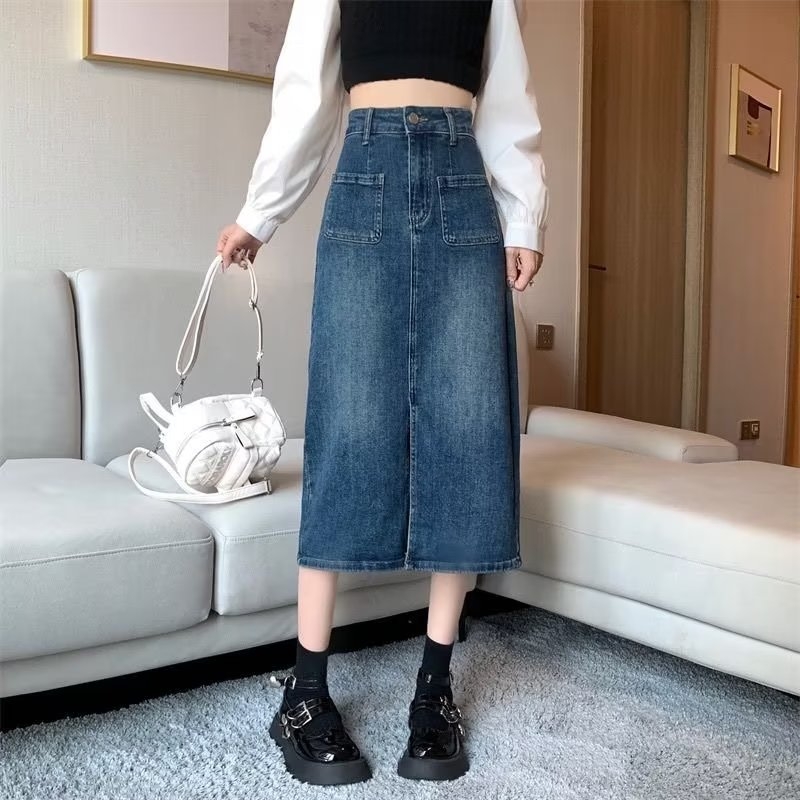 Koreai stílusú A-vonalú denim midi szoknya nőknek, magas derék, plusz méret, elöl hasítás, tavasz-nyár dizájn