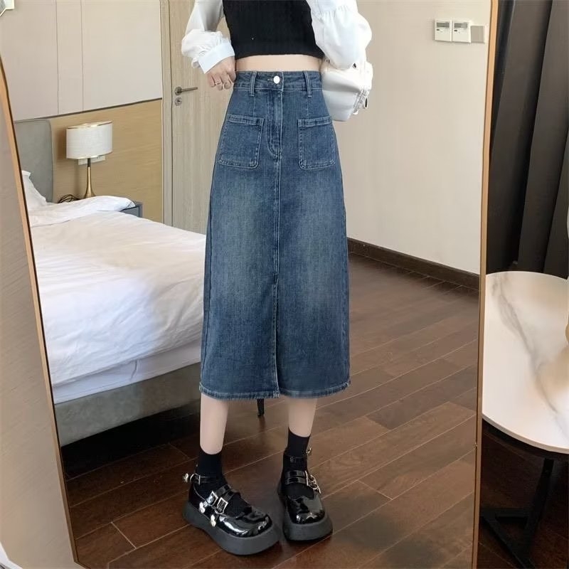 Koreai stílusú A-vonalú denim midi szoknya nőknek, magas derék, plusz méret, elöl hasítás, tavasz-nyár dizájn