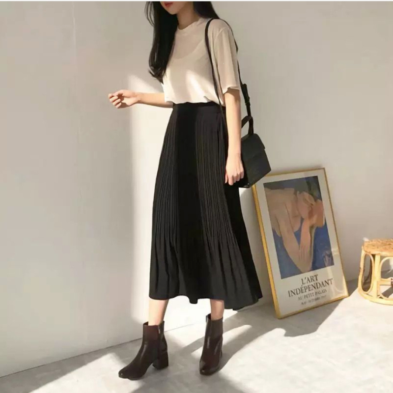 Pliszírozott chiffon midi szoknya, A-vonal, nyár 2026, karcsúsító és kényelmes, széles csípőkhöz és telt combokhoz