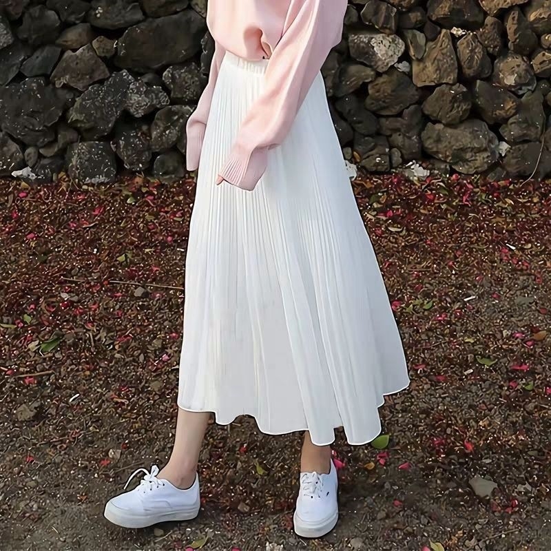 Pliszírozott chiffon midi szoknya, A-vonal, nyár 2026, karcsúsító és kényelmes, széles csípőkhöz és telt combokhoz