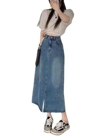 Kék denim midi szoknya magas derekú hasítékkal, A-vonalú, retro dizájn