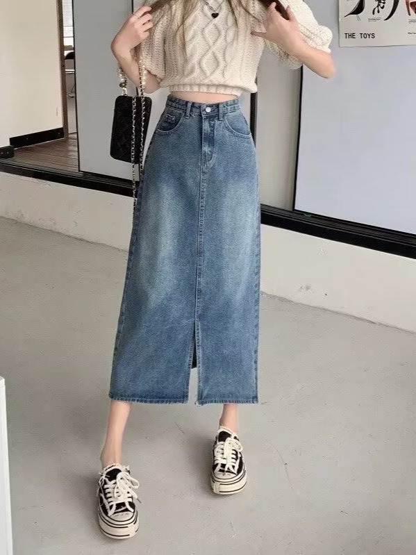 Kék denim midi szoknya magas derekú hasítékkal, A-vonalú, retro dizájn