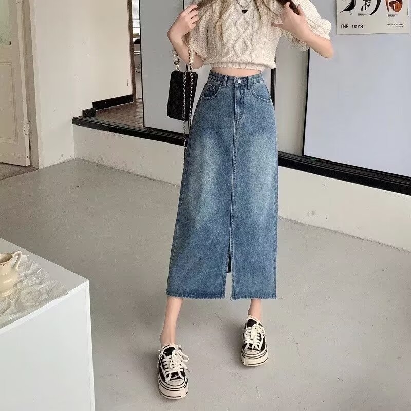 Kék denim midi szoknya magas derekú hasítékkal, A-vonalú, retro dizájn