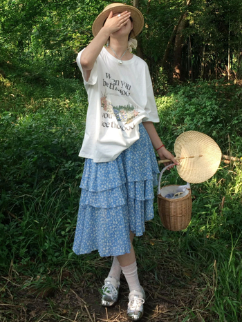 Koreai stílusú kék virágos midi szoknya nőknek, nyár 2026, laza szabás, magas derék, A-vonal