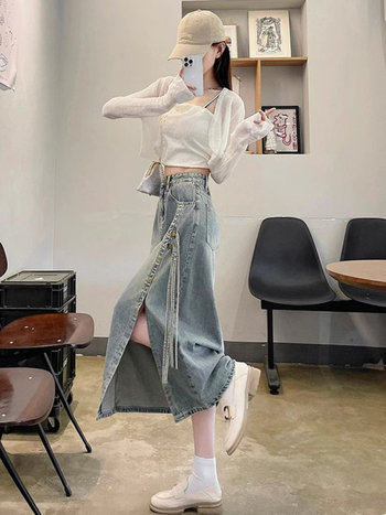Női amerikai retro denim midi szoknya fűzős, magas derekú, hasítás, szabálytalan szél, tavasz–nyár 2025