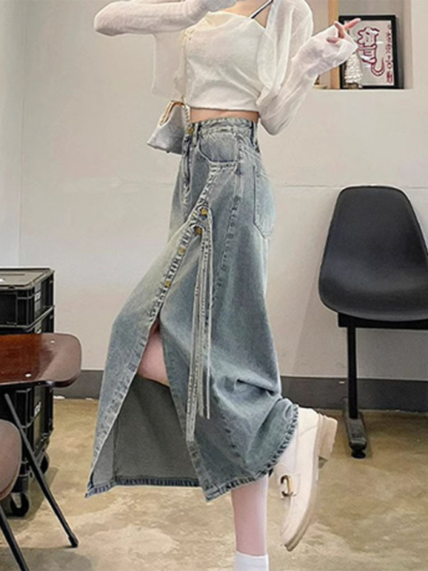 Női amerikai retro denim midi szoknya fűzős, magas derekú, hasítás, szabálytalan szél, tavasz–nyár 2025