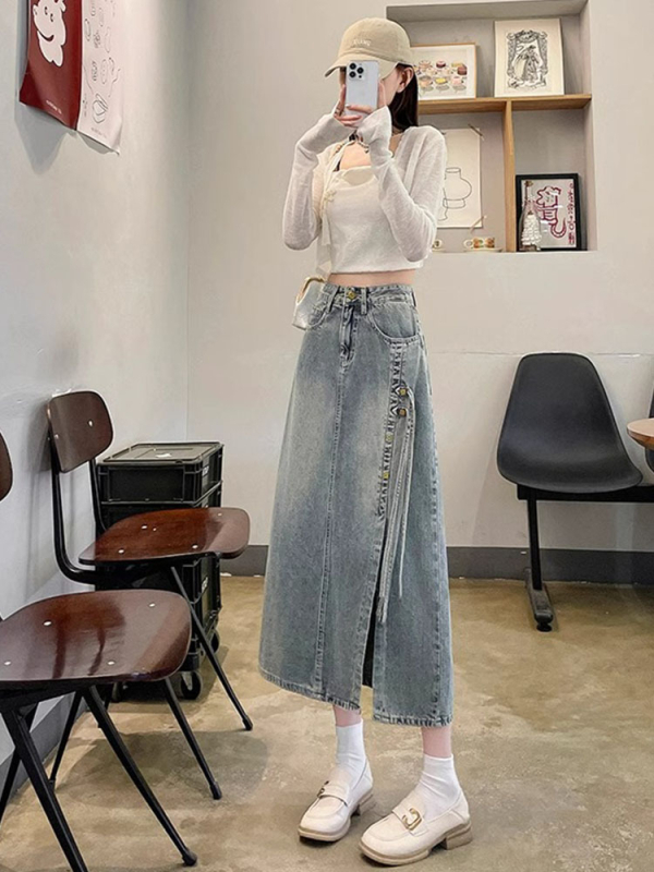 Női amerikai retro denim midi szoknya fűzős, magas derekú, hasítás, szabálytalan szél, tavasz–nyár 2025