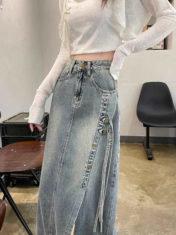 Női amerikai retro denim midi szoknya fűzős, magas derekú, hasítás, szabálytalan szél, tavasz–nyár 2025