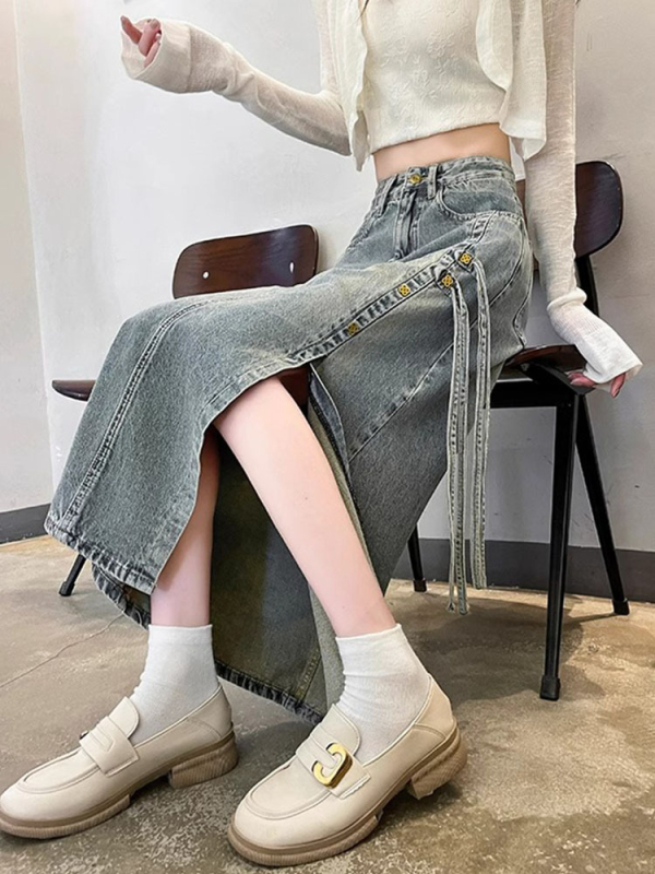Női amerikai retro denim midi szoknya fűzős, magas derekú, hasítás, szabálytalan szél, tavasz–nyár 2025