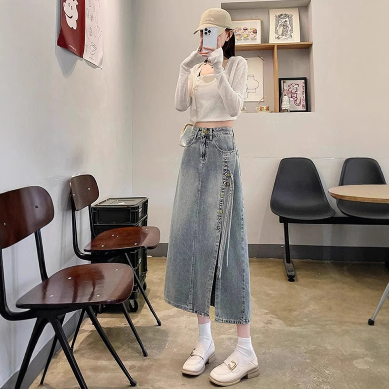 Női amerikai retro denim midi szoknya fűzős, magas derekú, hasítás, szabálytalan szél, tavasz–nyár 2025