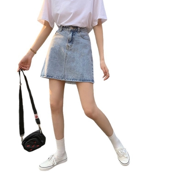Női denim midi szoknya, nyár, magas derék, A-vonal, midi hossz, hasítékkal
