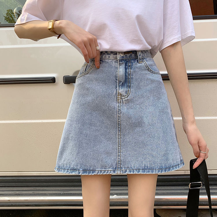 Női denim midi szoknya, nyár, magas derék, A-vonal, midi hossz, hasítékkal