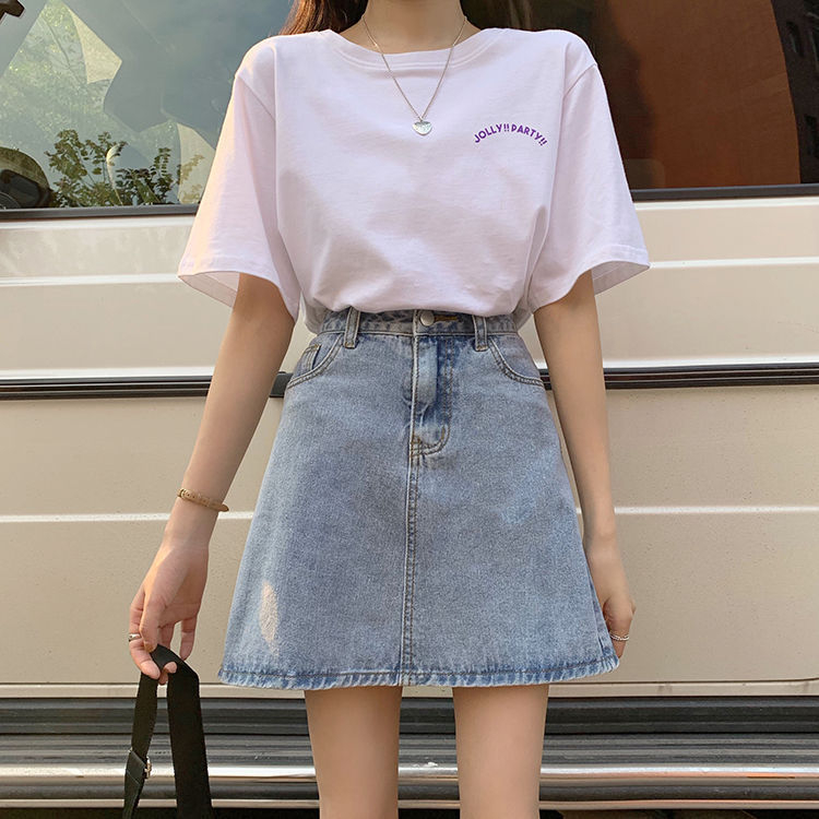 Női denim midi szoknya, nyár, magas derék, A-vonal, midi hossz, hasítékkal