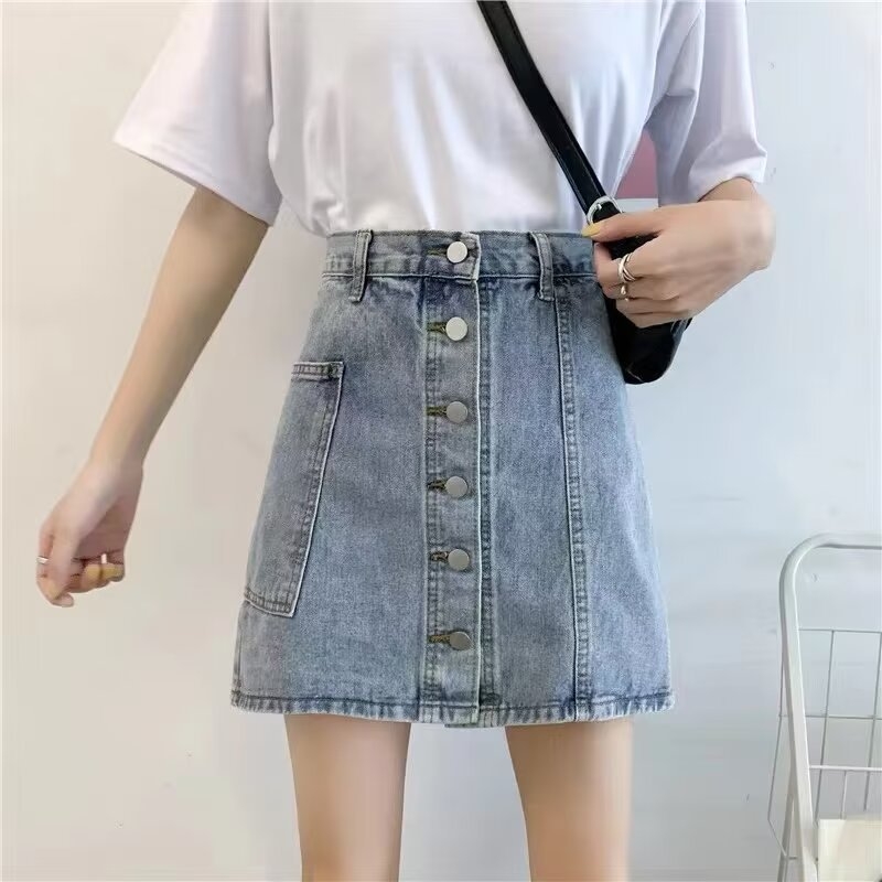 Női nyári farmer A-vonalú szoknya, magas derekú, beépített rövidnadrággal, nem átlátszó
