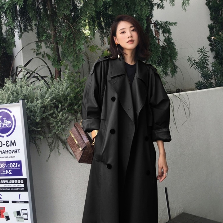 Női közepes hosszúságú trench kabát, tavasz–ősz stílus, koreai hatású, khaki színű casual kabát.